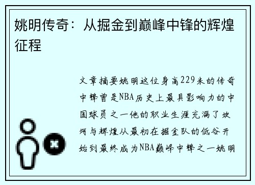 姚明传奇：从掘金到巅峰中锋的辉煌征程